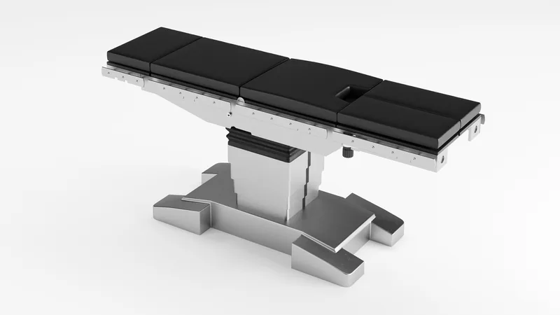 Articulated patient table with a telescopic column, rendered in 3D on a white studio background